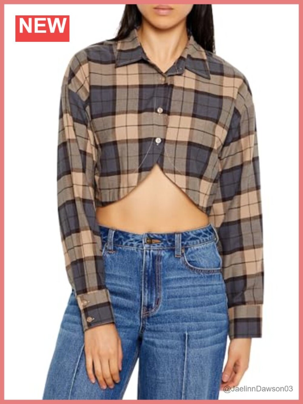 Plaid Cropped Flannel Shirt Button Front Long Sleeve